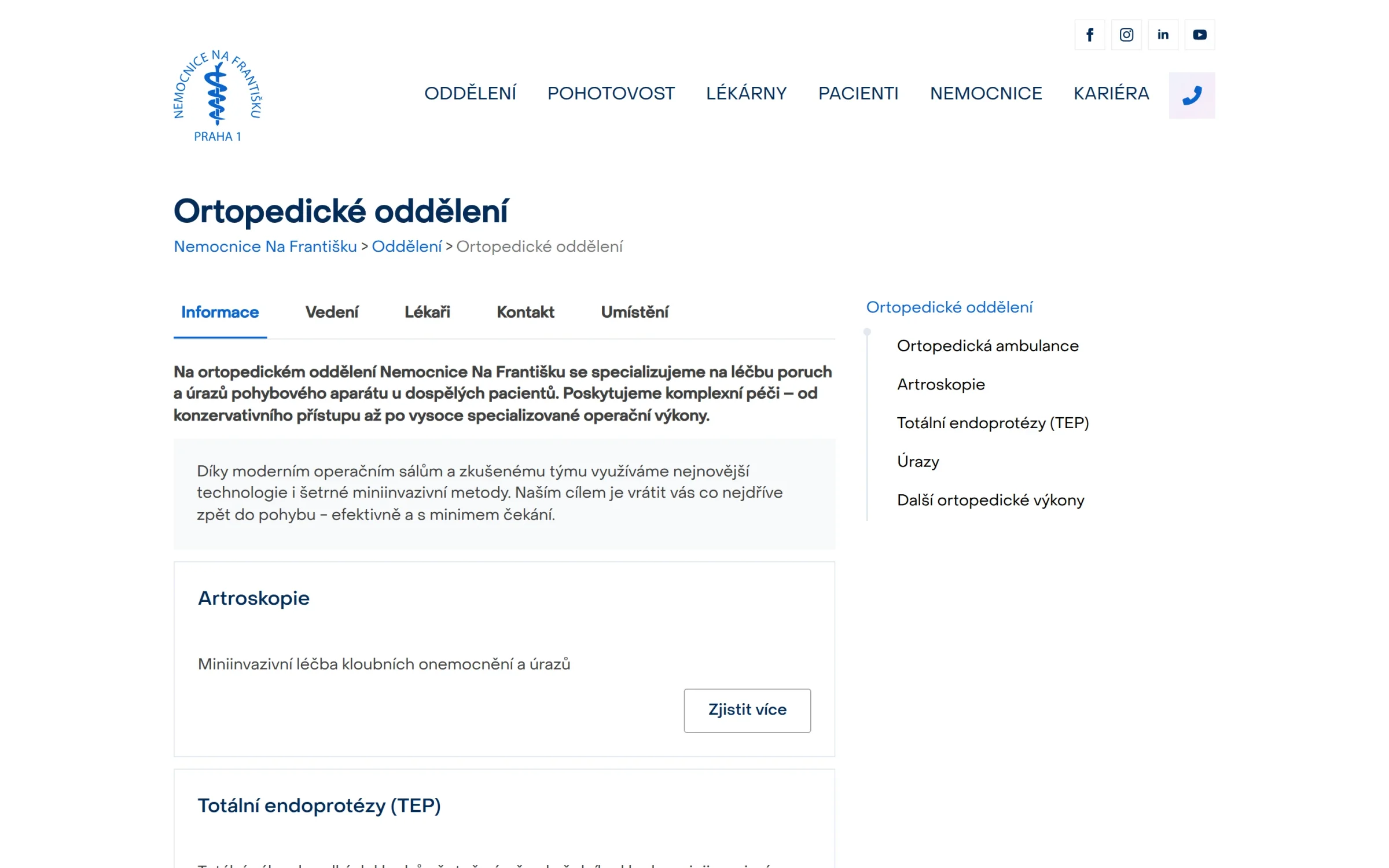 Detailní stránka oddělení ortopedie s ambulancemi a kontakty