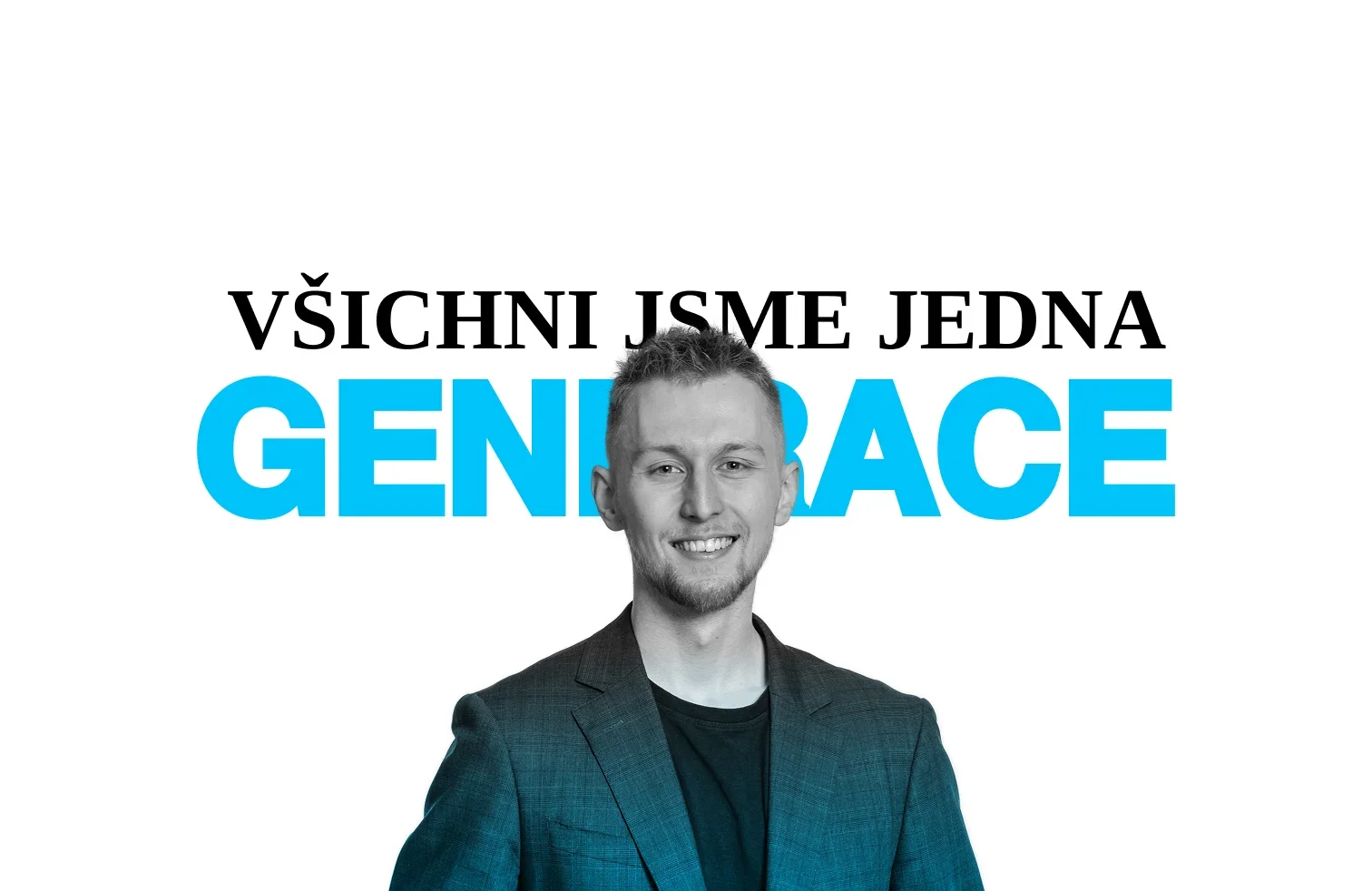 Úvod webu druhého směru: Daniel Krutý na bílém pozadí s heslem Všichni jsme jedna generace