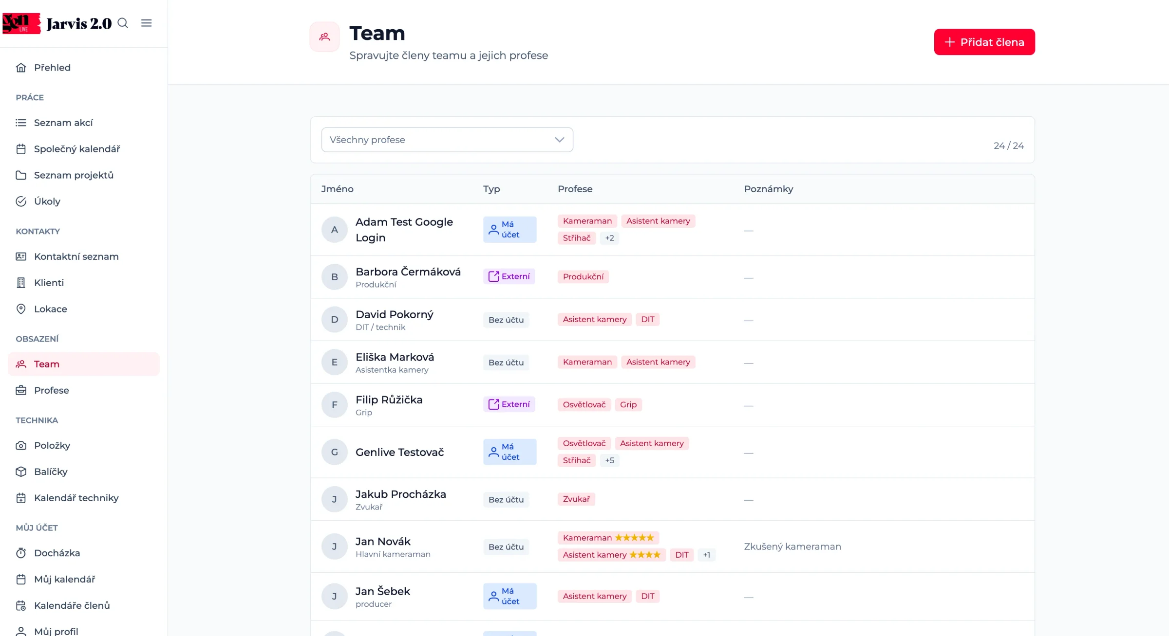 Team: členové štábu s typem Má účet, Externí nebo Bez účtu, jejich profese jako kameraman, asistent kamery, střihač nebo zvukař, u některých hodnocení hvězdičkami, a filtr podle profese