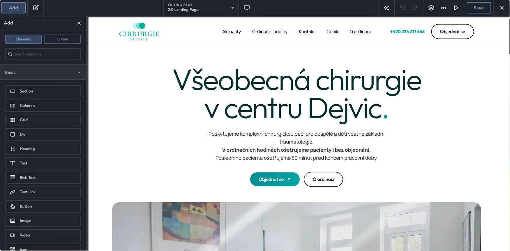 Editor Breakdance s otevřenou úvodní stránkou ordinace