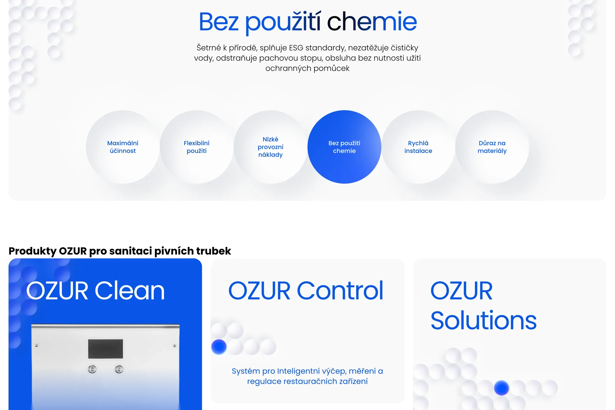 Sekce Bez použití chemie s šesti výhodami a začátek produktové řady Ozur