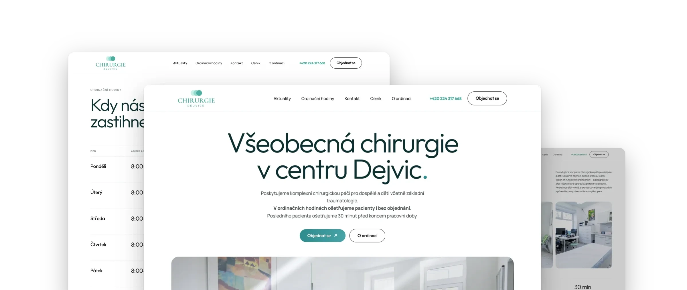 Obrazovky webu Chirurgie Dejvice poskládané přes sebe: vpředu úvod Všeobecná chirurgie v centru Dejvic, za ním ordinační hodiny a stránka O ordinaci