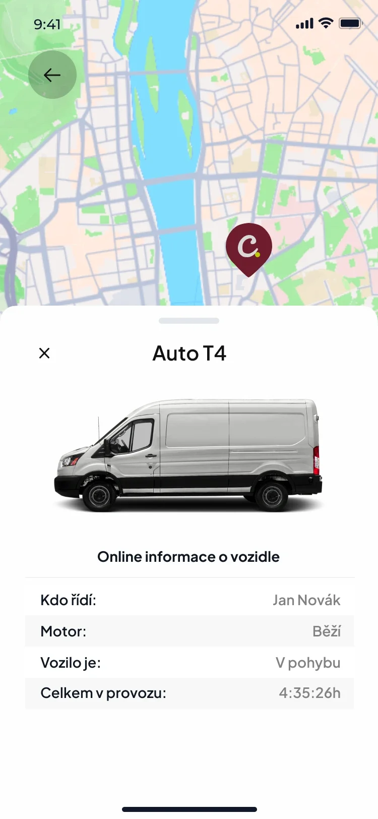 Detail vozu Auto T4 s fotografií dodávky a online informacemi: kdo řídí, stav motoru, zda je vůz v pohybu a celková doba v provozu
