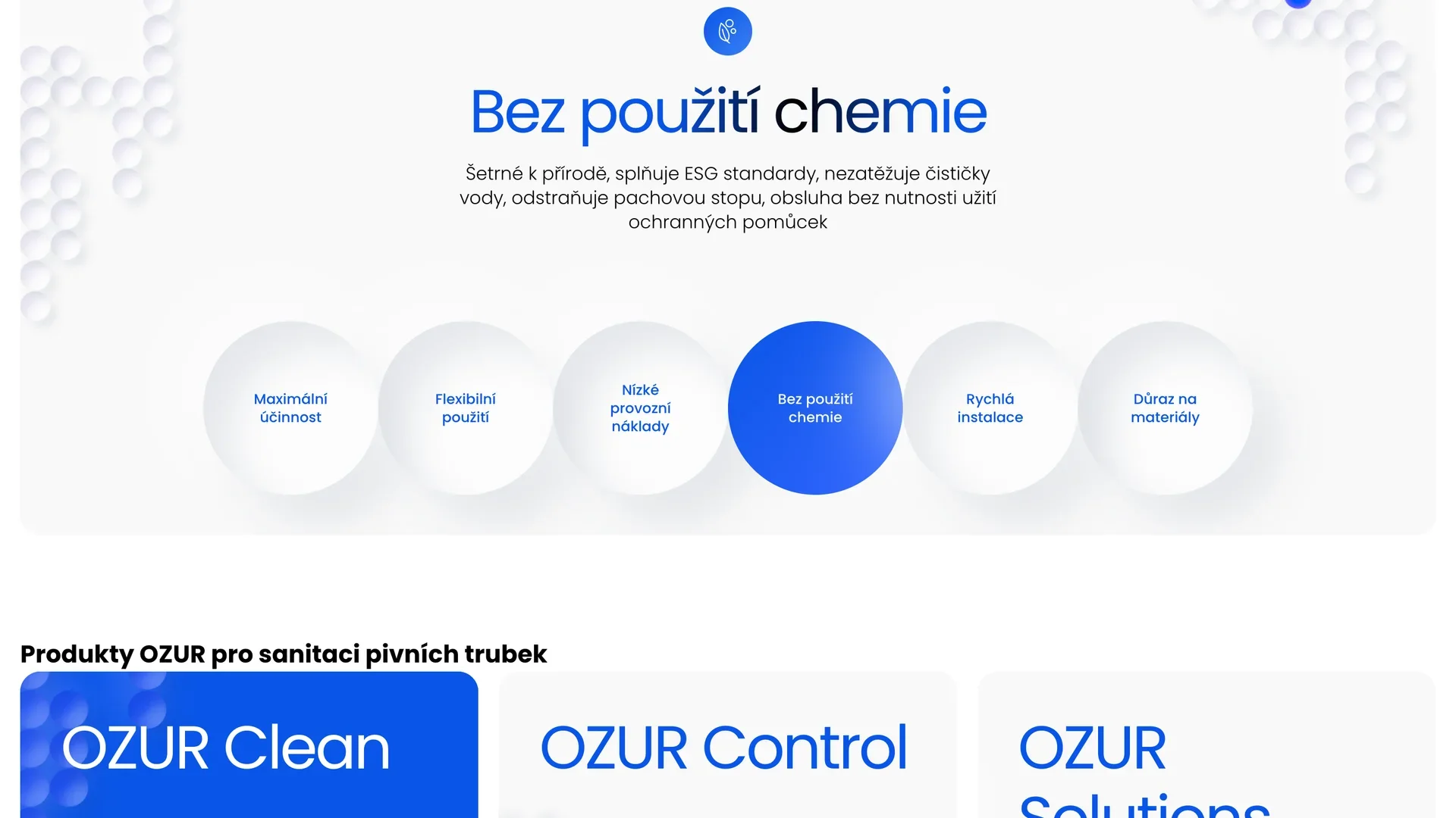 Web Sanixera: šest výhod sanitace Ozur (maximální účinnost, flexibilní použití, nízké provozní náklady, bez použití chemie, rychlá instalace, důraz na materiály) a produkty Ozur