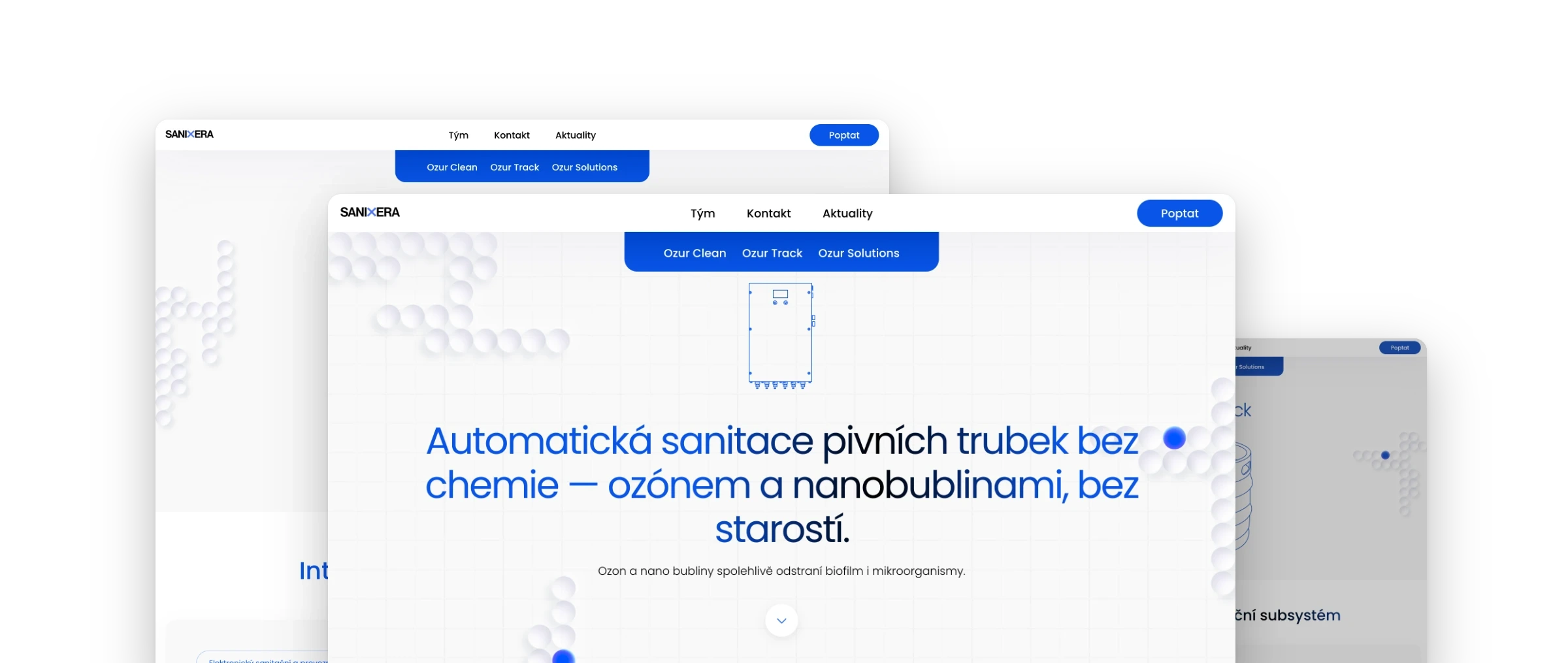 Obrazovky webu Sanixera poskládané přes sebe: vpředu úvod s heslem Automatická sanitace pivních trubek bez chemie, za ním stránky produktů Ozur Clean a Ozur Track