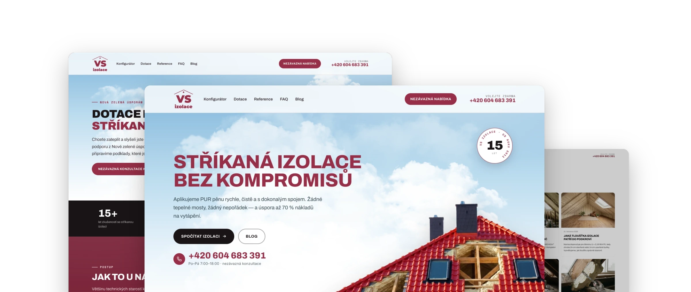 Obrazovky webu VS izolace poskládané přes sebe: vpředu úvod Stříkaná izolace bez kompromisů s červenou střechou, za ním stránka o dotacích a blog