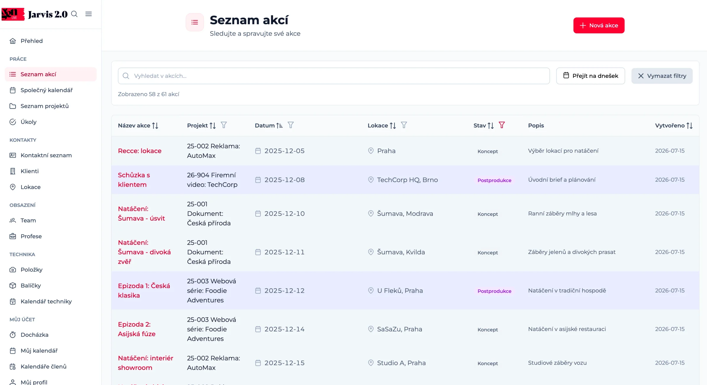 Seznam akcí: název akce, projekt, datum, lokace, stav Koncept nebo Postprodukce a popis, s řazením a filtrem u každého sloupce