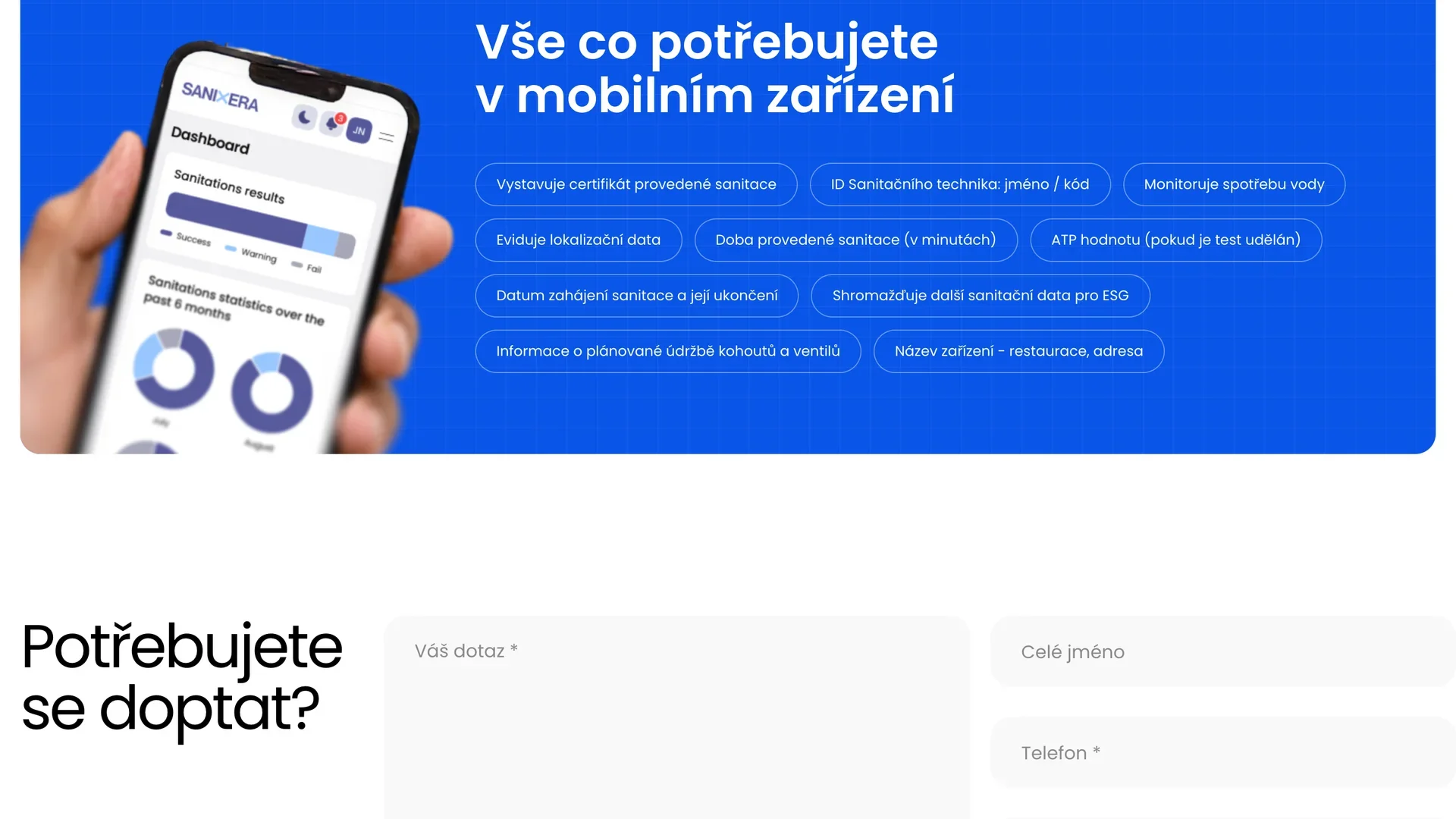 Web Sanixera: sekce Vše co potřebujete v mobilním zařízení s ukázkou aplikace Ozur Cloud ESD