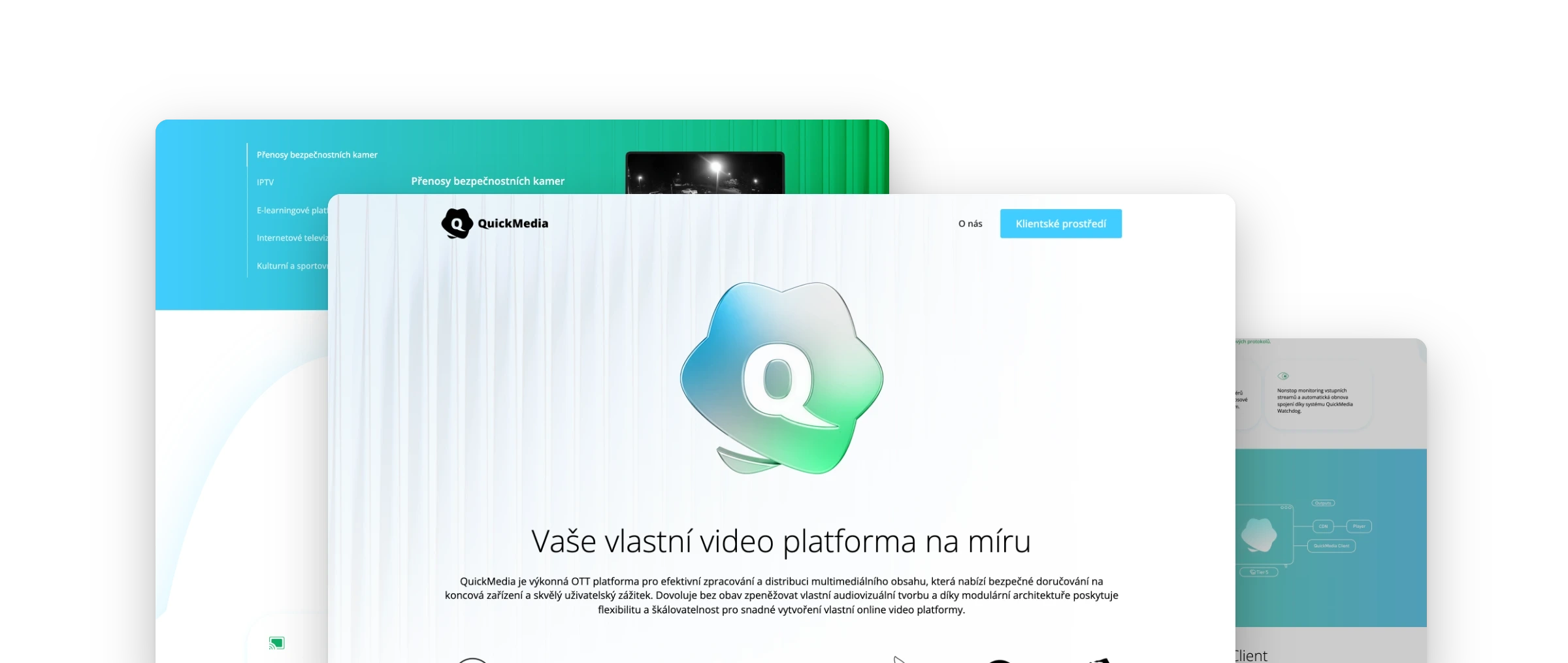 Screens of the QuickMedia website stacked together: the homepage with the slogan Your own custom video platform in front, the use-case section and the architecture diagram behind it