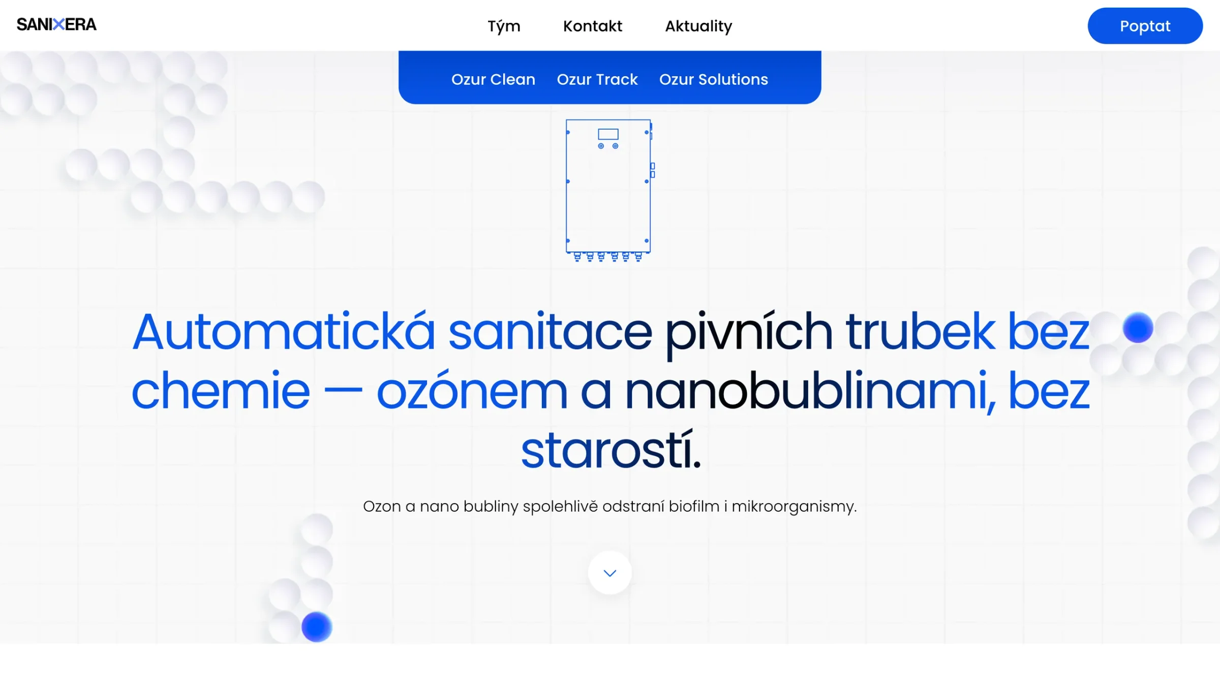 Úvodní stránka webu Sanixera: nabídka s produkty Ozur Clean, Track a Solutions a heslo Automatická sanitace pivních trubek bez chemie