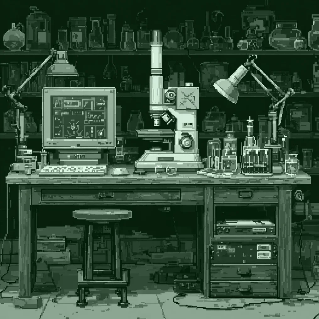 Pixelová ilustrace kategorie: mikroskop a počítač v laboratoři