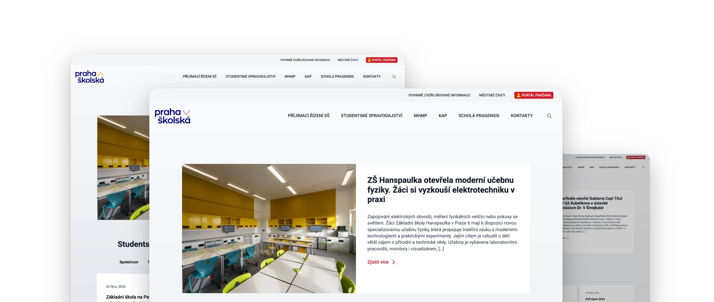 Obrazovky portálu Praha školská poskládané přes sebe: homepage s hlavním článkem, Studentské zpravodajství a stránka MHMP