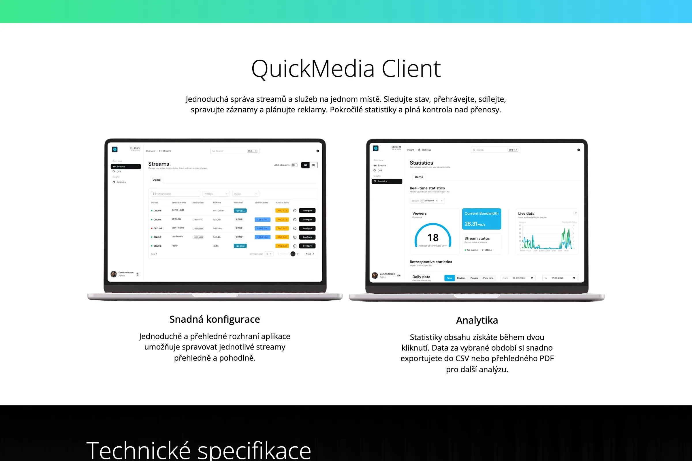 Sekcia QuickMedia Client: správa streamov a štatistiky