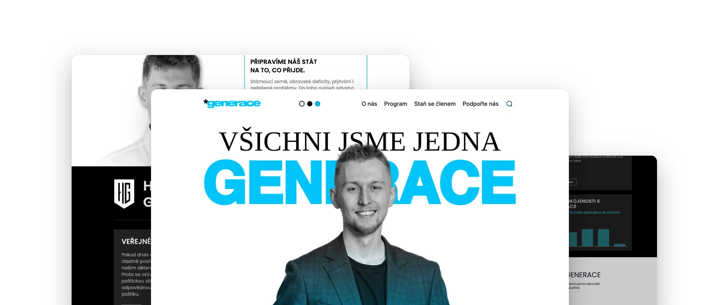 Obrazovky webů Hnutí Generace poskládané přes sebe: vpředu homepage druhého webového směru s heslem Všichni jsme jedna generace, za ní původní web