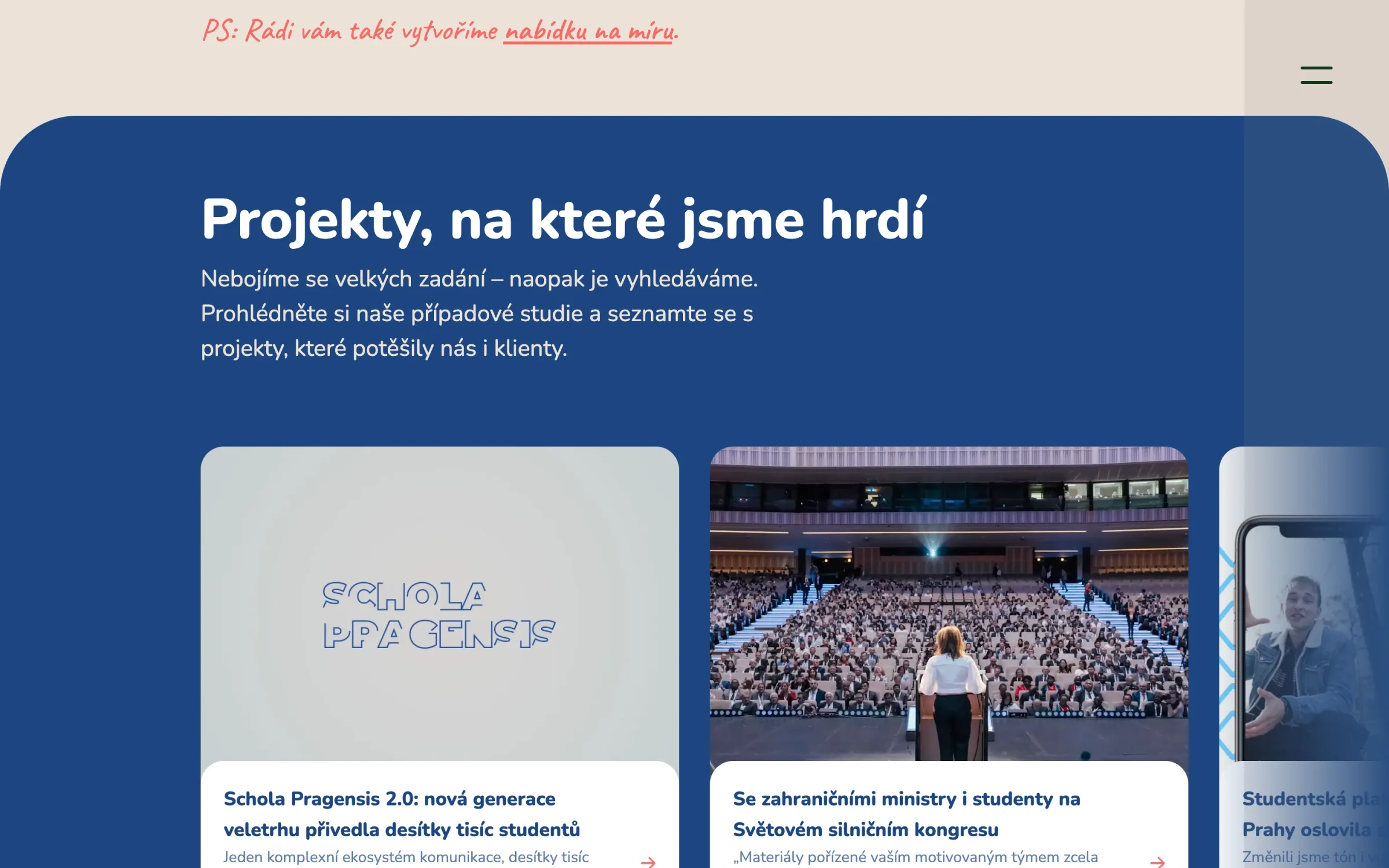Sekce Projekty, na které jsme hrdí na úvodní stránce