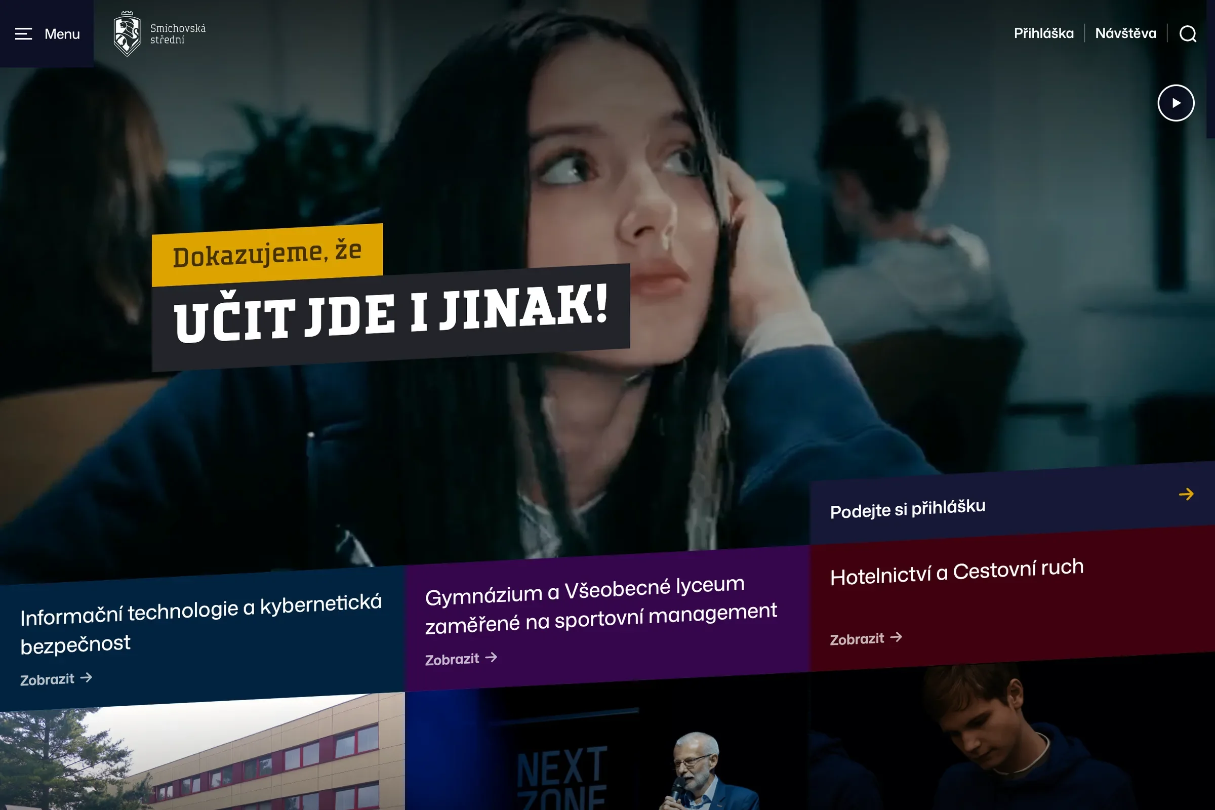 Úvod webu SSPŠ s heslom Dokazujeme, že učiť ide aj inak, a tromi odbormi