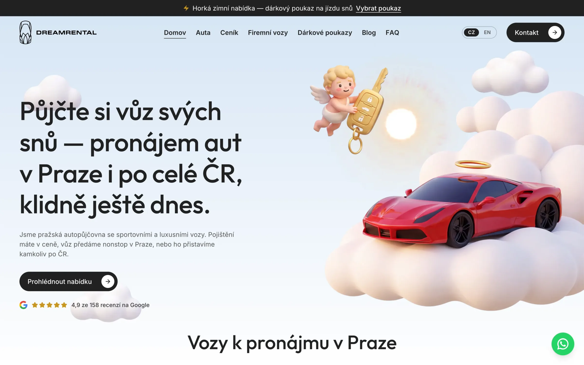 Úvod webu DREAMRENTAL: nadpis Půjčte si vůz svých snů, pronájem aut v Praze i po celé ČR, klidně ještě dnes, červený sporťák na obláčku s andílkem a hodnocení 4,9 na Googlu