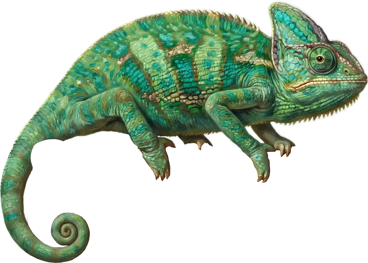 Chameleon stojí na rohu zlaceného rámu