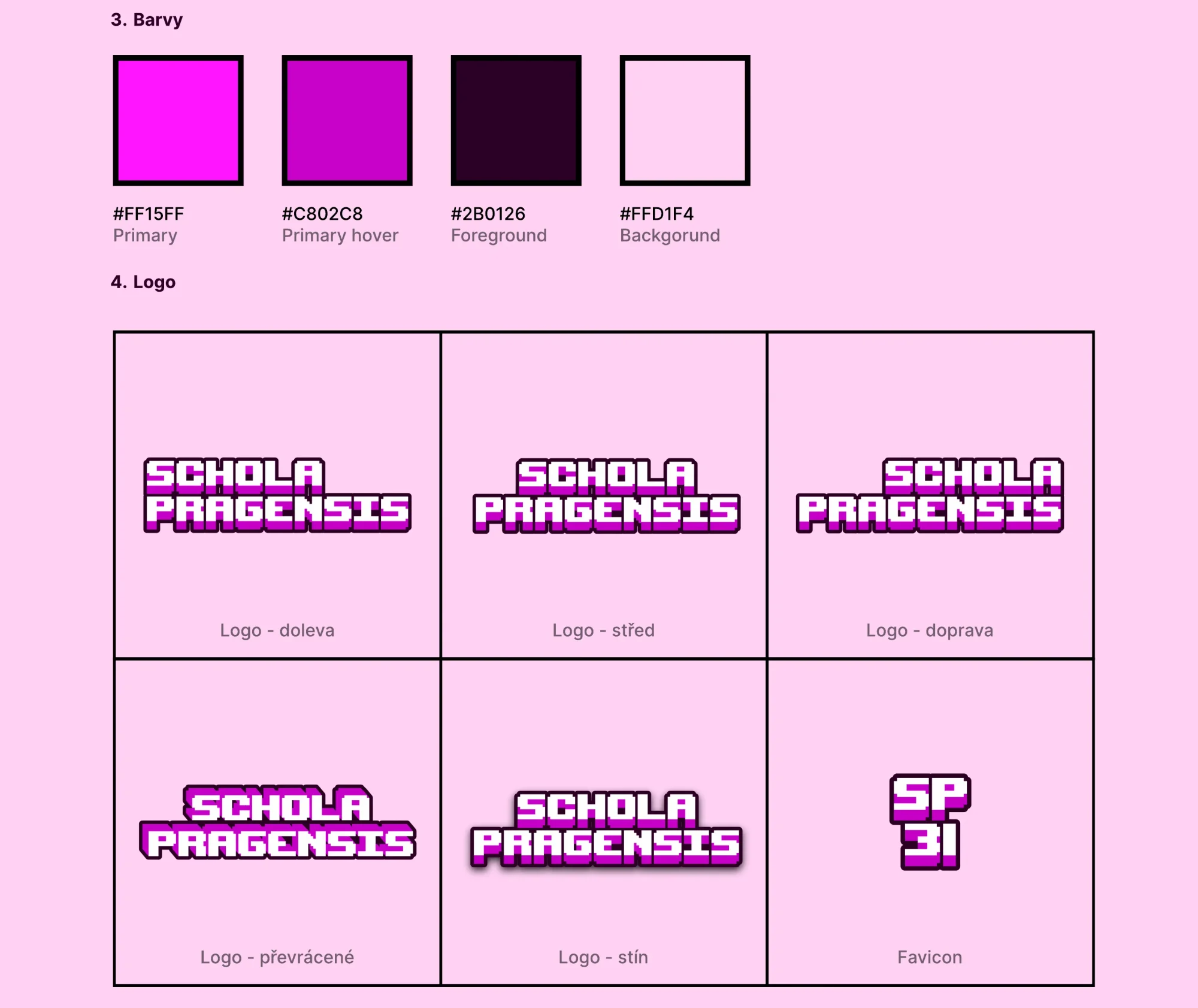 Strana design manuálu se čtyřmi barvami a variantami loga: doleva, na střed, doprava, převrácené, se stínem a favicon SP 31