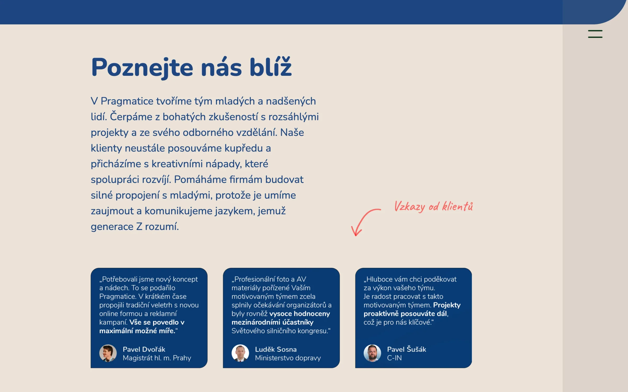Sekce Poznejte nás blíž s citacemi klientů