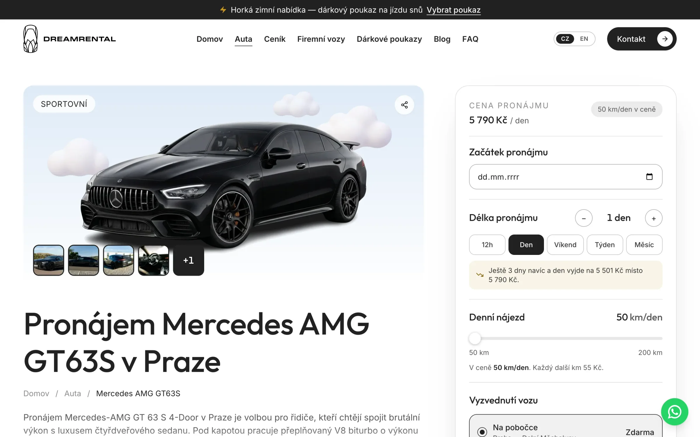 Detail vozu Pronájem Mercedes AMG GT63S v Praze: galerie fotek, kalkulačka s cenou za den, začátkem a délkou pronájmu