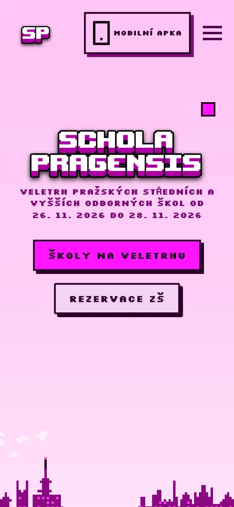 Mobilní zobrazení webu scholapragensis.online s pixelovým logem a růžovou siluetou Prahy