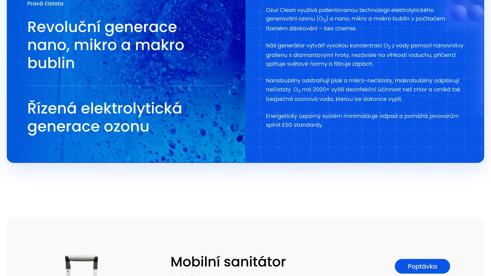 Web Sanixera: stránka Ozur Clean, revoluční generace nano, mikro a makro bublin a řízená elektrolytická generace ozónu