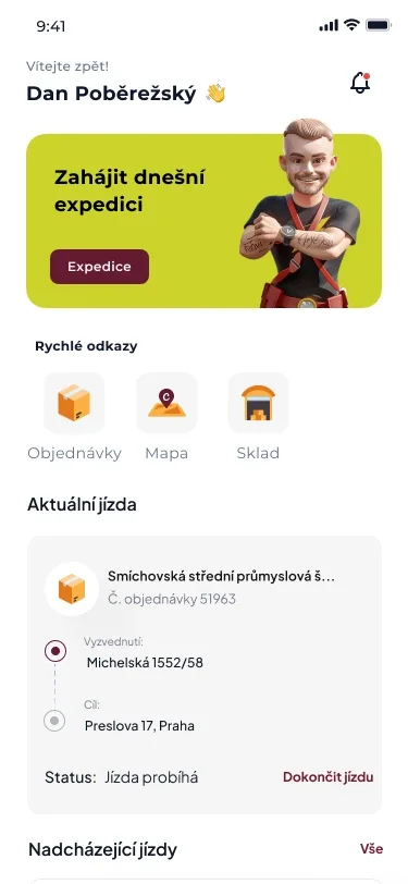Úvodní obrazovka řidiče: pozdrav, karta Zahájit dnešní expedici, rychlé odkazy, právě probíhající jízda a nadcházející jízdy