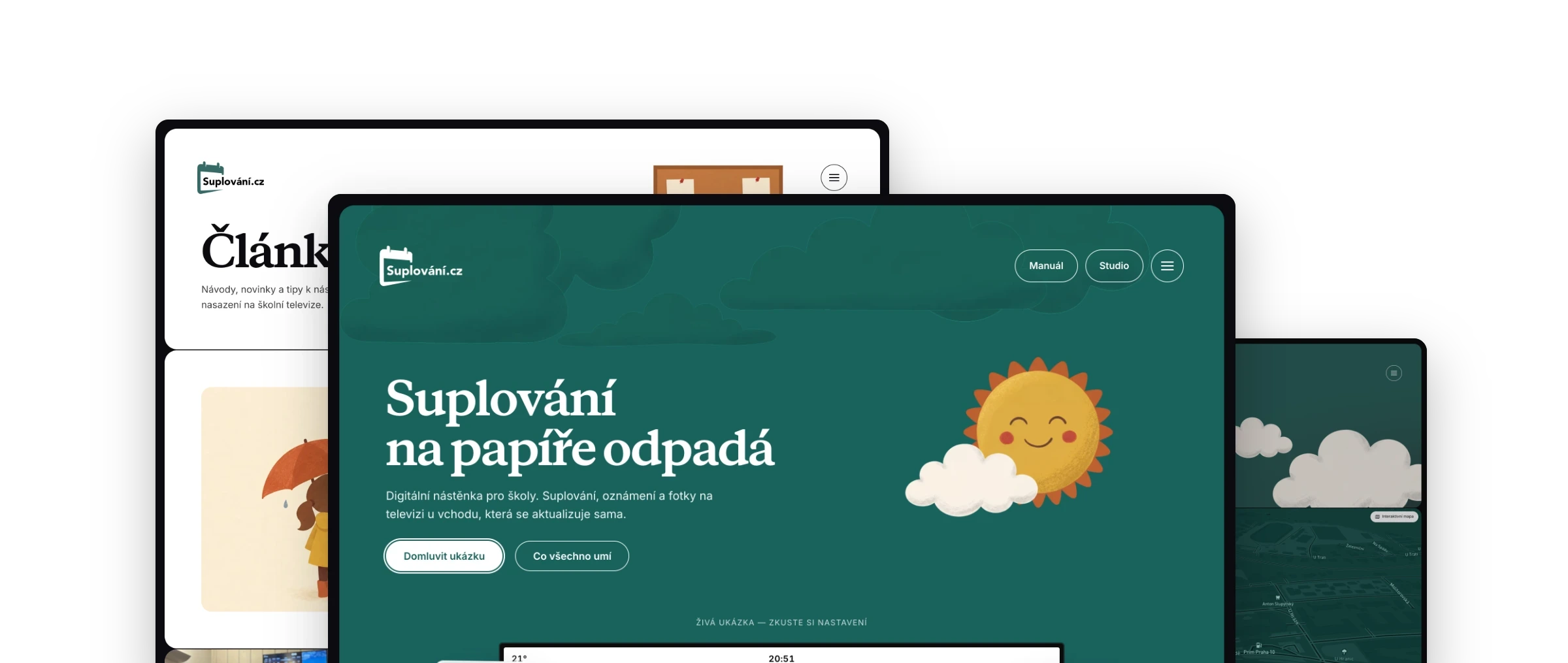 Obrazovky webu Suplování.cz poskládané přes sebe: úvod Suplování na papíře odpadá se sluníčkem, stránka Články a kontakt s mapou