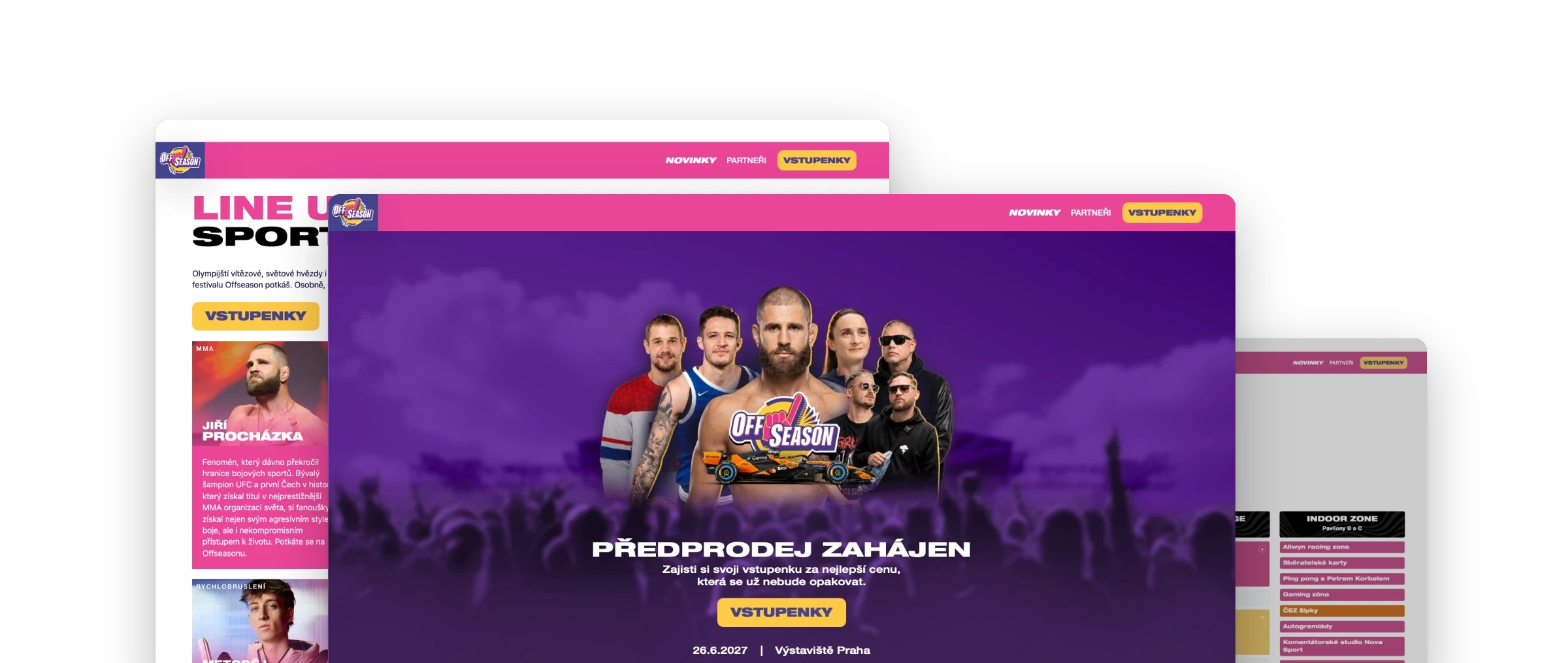 Obrazovky webu Offseason poskládané přes sebe: původní hero se sportovními osobnostmi, line-up a program festivalu