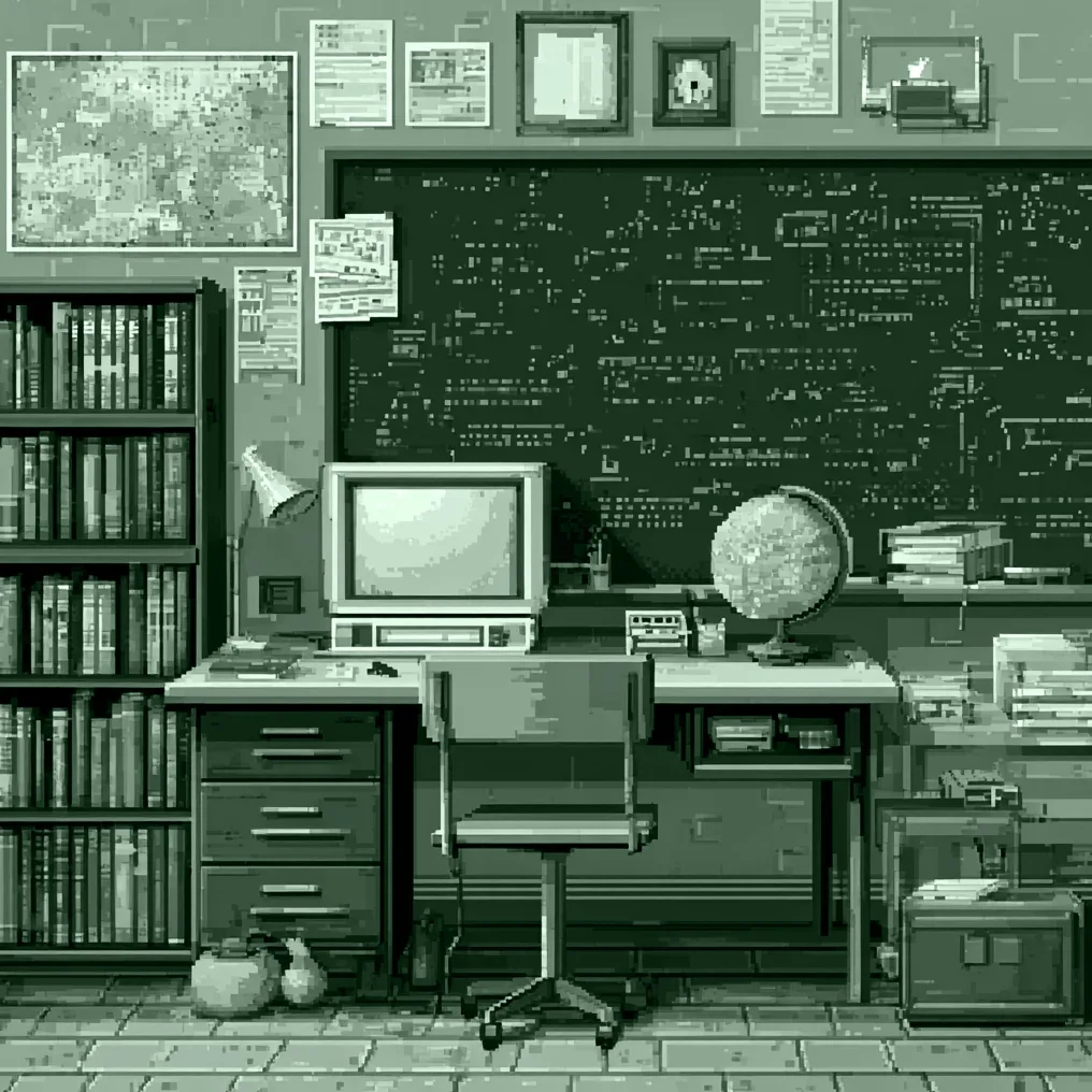 Pixelová ilustrace kategorie: třída s tabulí, počítačem a glóbem