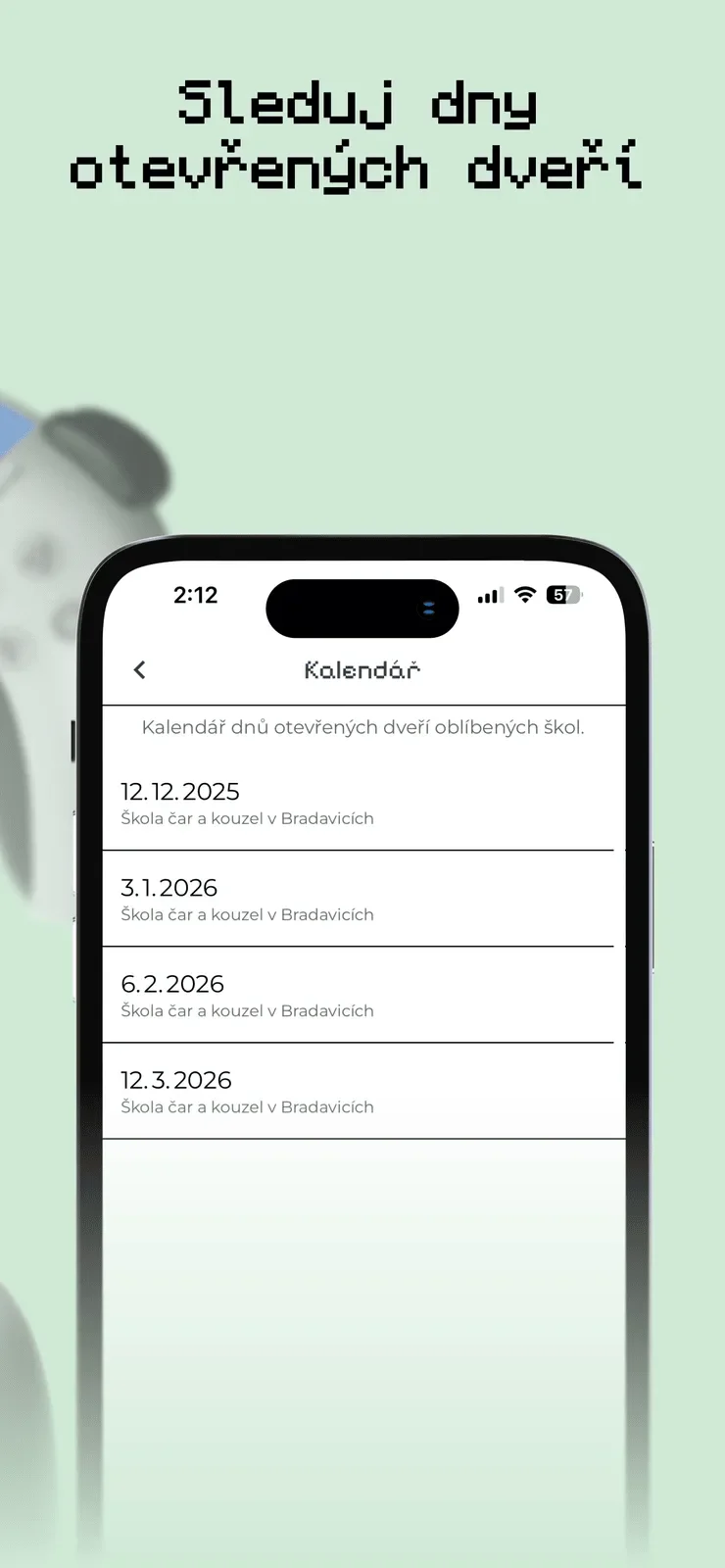 Obrazovka aplikace s kalendářem dnů otevřených dveří