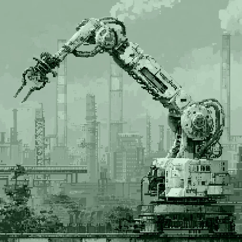 Pixelová ilustrace kategorie: robotické rameno v továrně