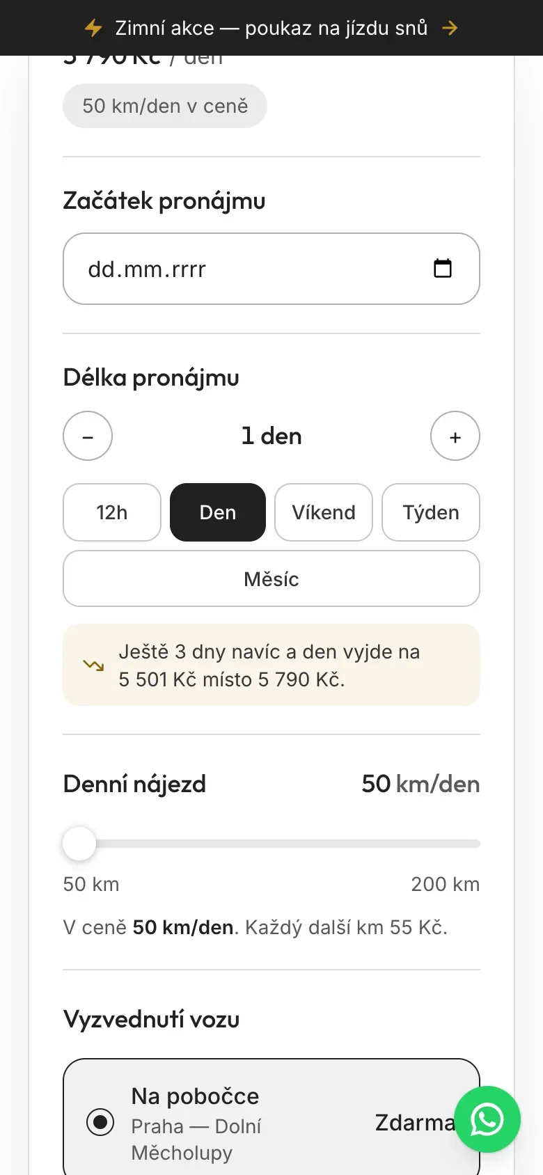 Kalkulačka ceny v telefonu: délka pronájmu, volba dne, víkendu, týdne nebo měsíce, denní nájezd a cena celkem