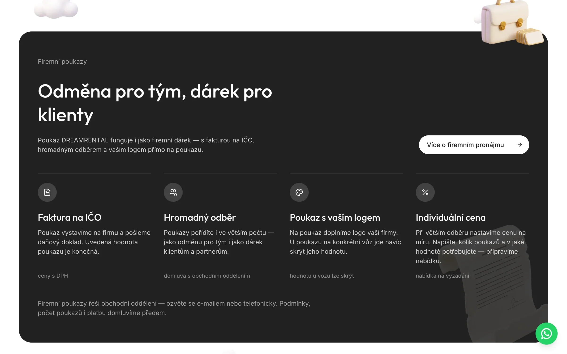 Sekce Odměna pro tým, dárek pro klienty: faktura na IČO, hromadný odběr, poukaz s vaším logem a individuální cena