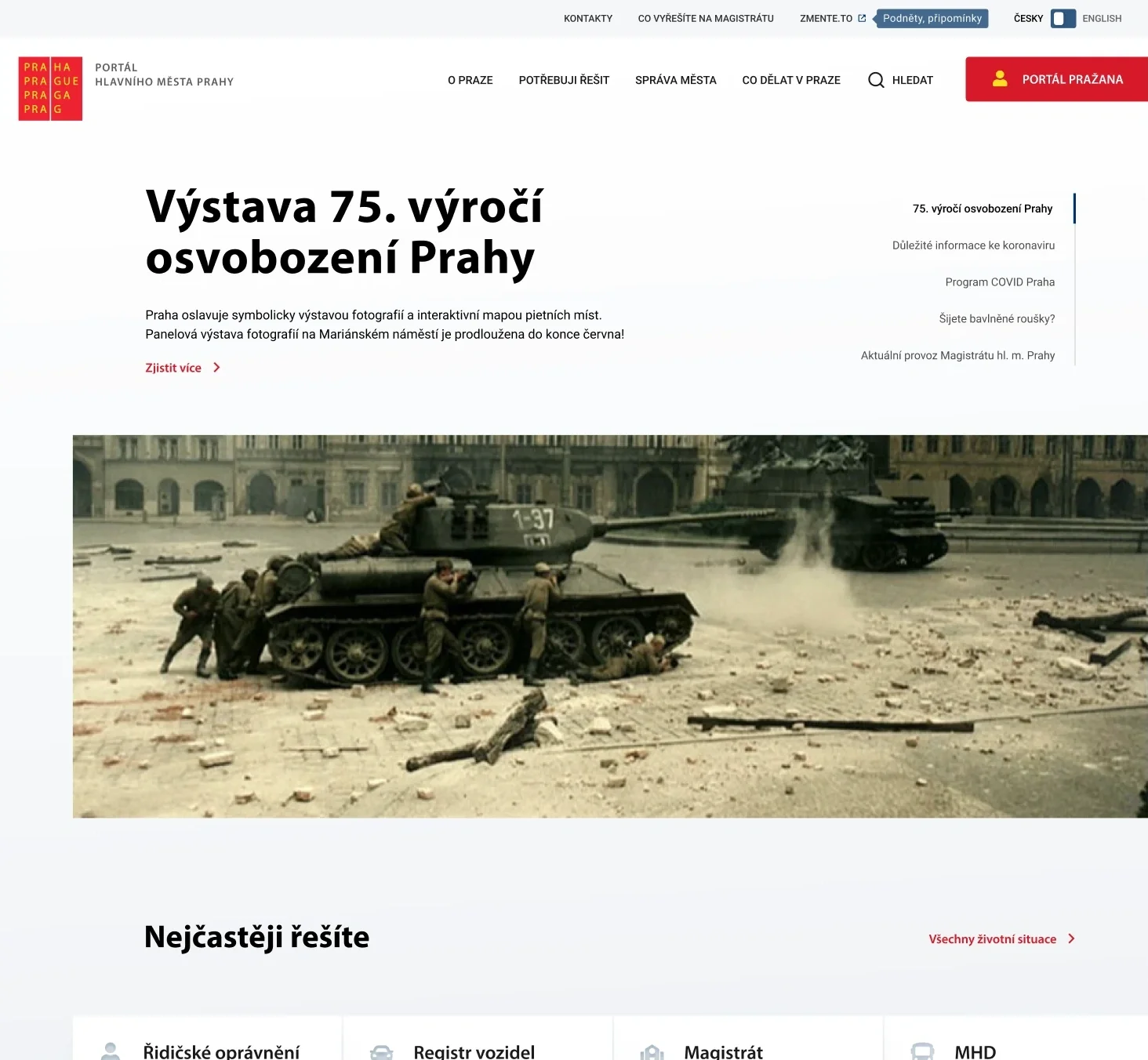 Úvod portálu praha.eu se znakem Prahy, hlavním tématem a velkou fotografií