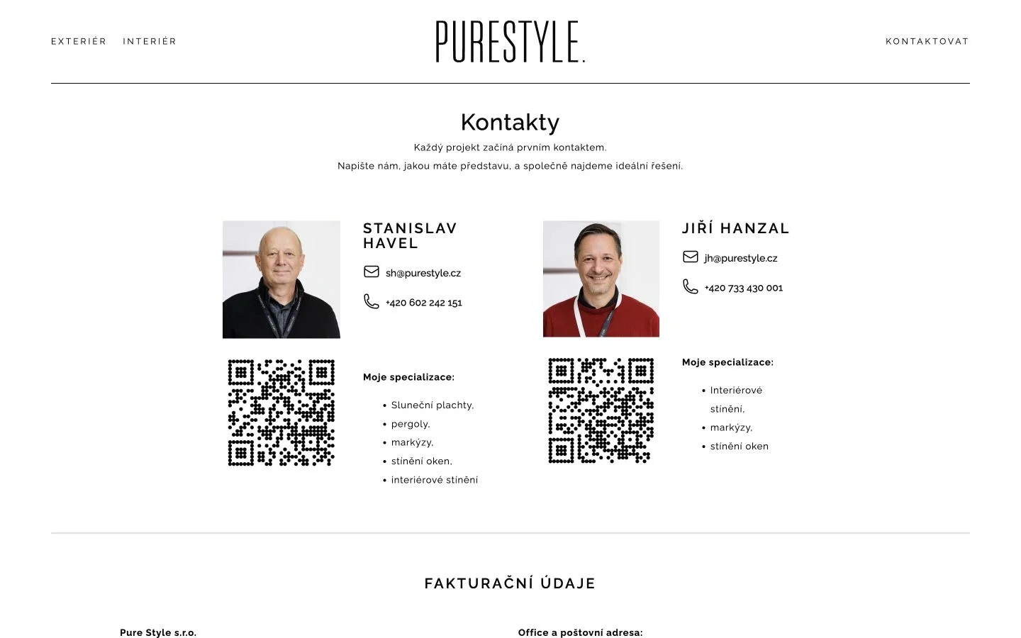Kontaktní stránka PureStyle s cestou k poptávce