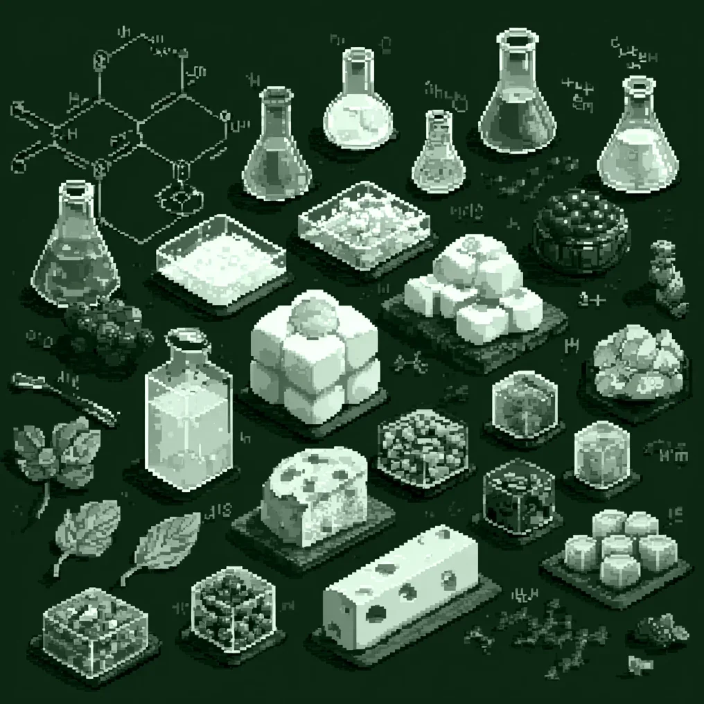 Pixelová ilustrace kategorie: laboratorní baňky a potraviny