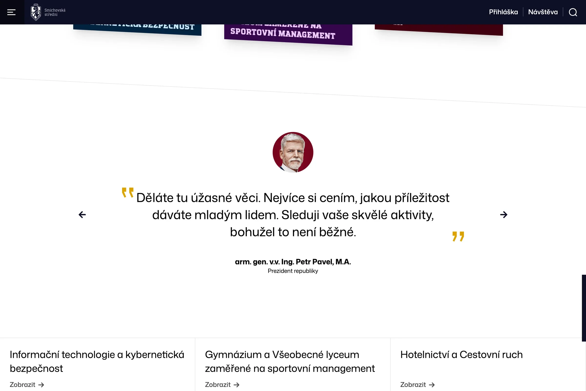 Ohlas významnej osobnosti na úvodnej stránke a odkazy na odbory