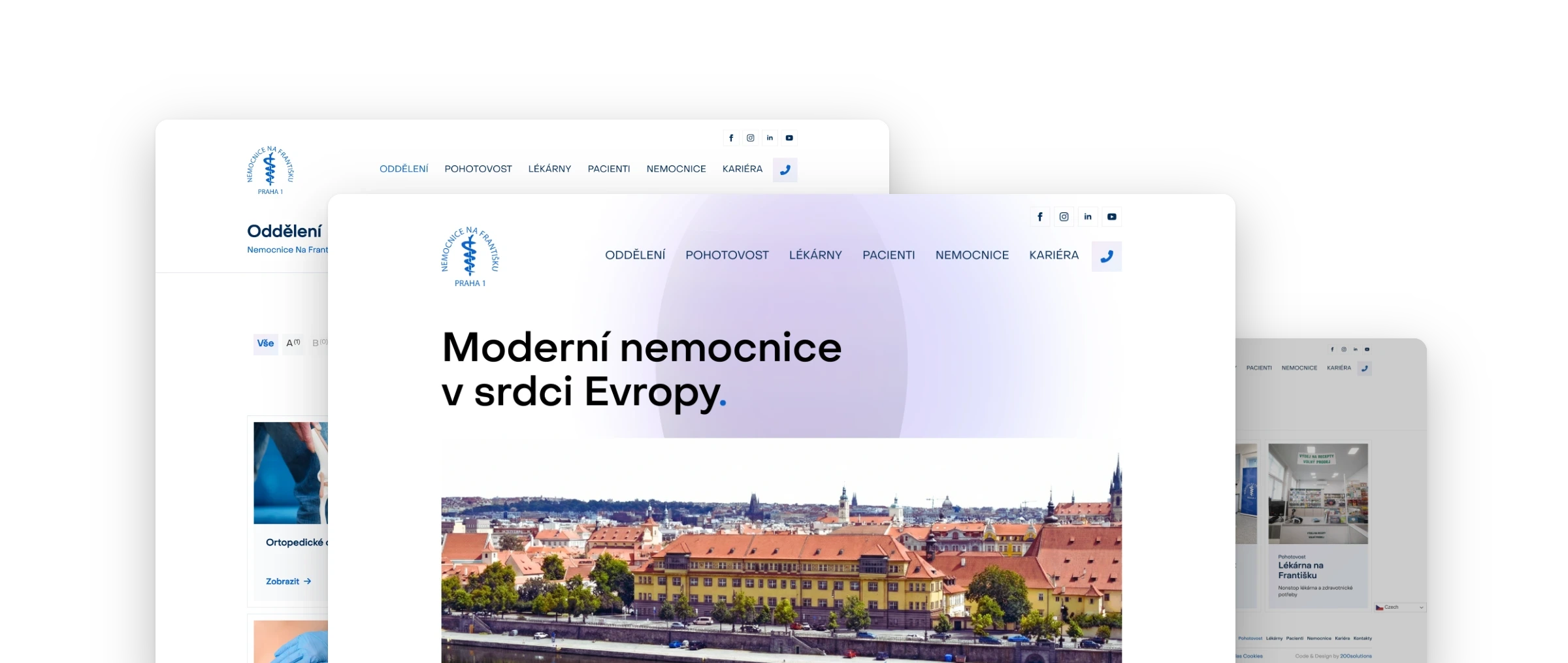 Obrazovky webu nnfp.cz poskládané přes sebe: homepage Moderní nemocnice v srdci Evropy, přehled oddělení a pohotovost