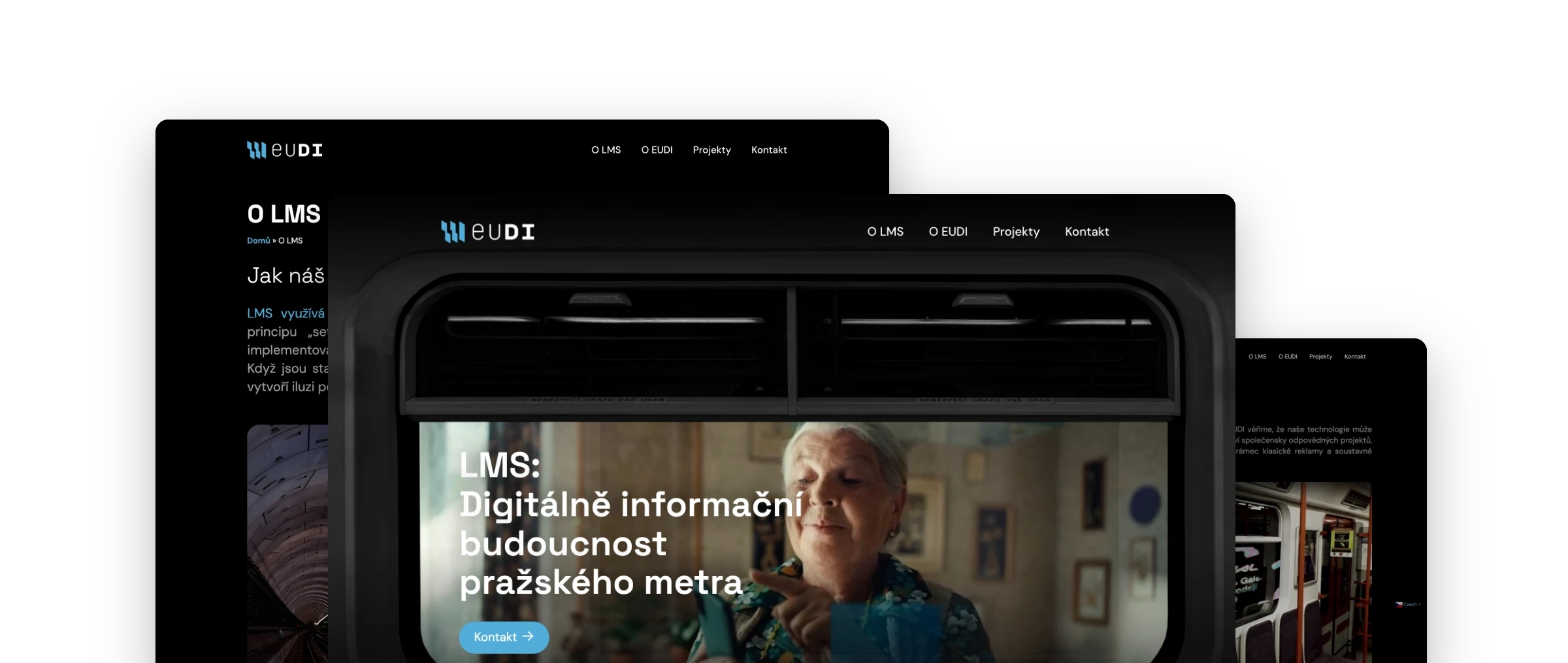 Obrazovky webu EUDI poskládané přes sebe: úvod s reklamním obrazem v okně metra, stránka O LMS a přehled projektů