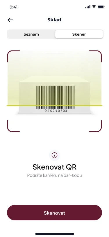 Sklad v režimu Skener: čárový kód v rámečku kamery, nápis Skenovat QR a tlačítko Skenovat