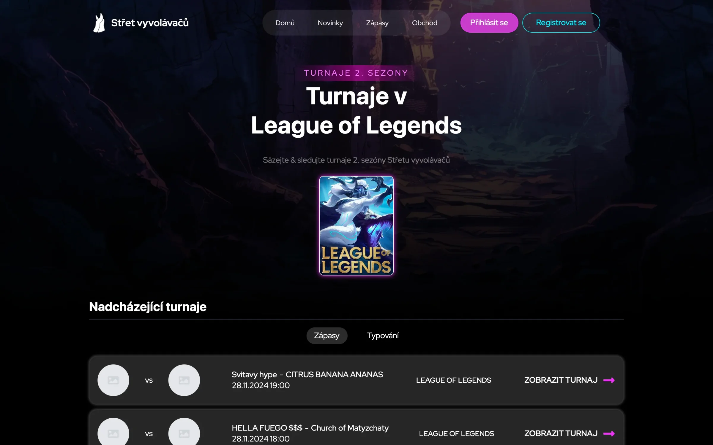 Stránka Turnaje v League of Legends: nadpis Turnaje 2. sezóny, obal hry League of Legends a začátek seznamu Nadcházející turnaje