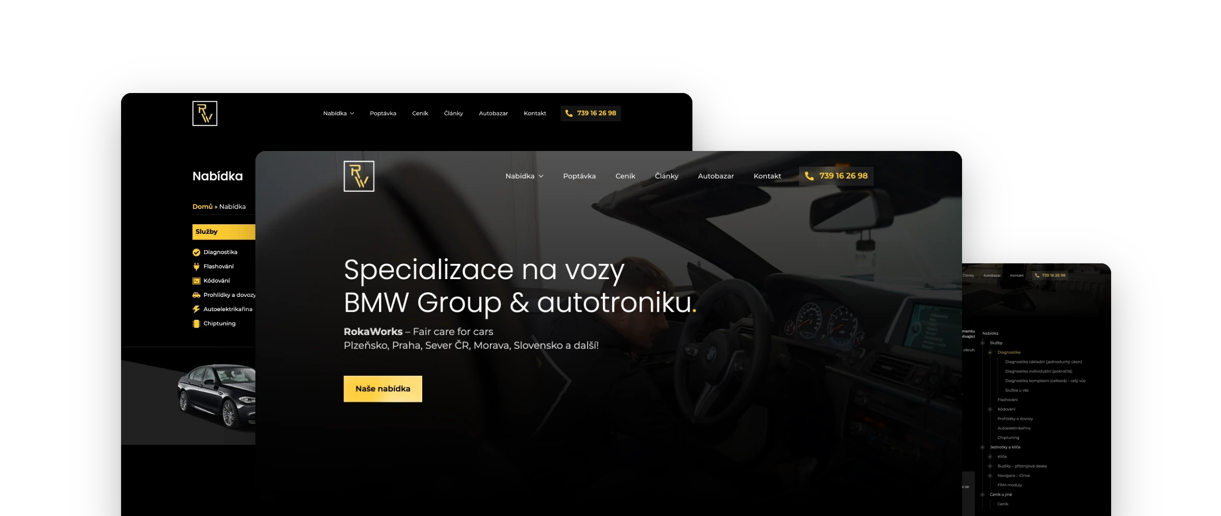 Obrazovky webu rokaworks.cz poskládané přes sebe: vpředu úvod Specializace na vozy BMW Group a autotroniku, za ním stránka Nabídka a stránka služby Diagnostika