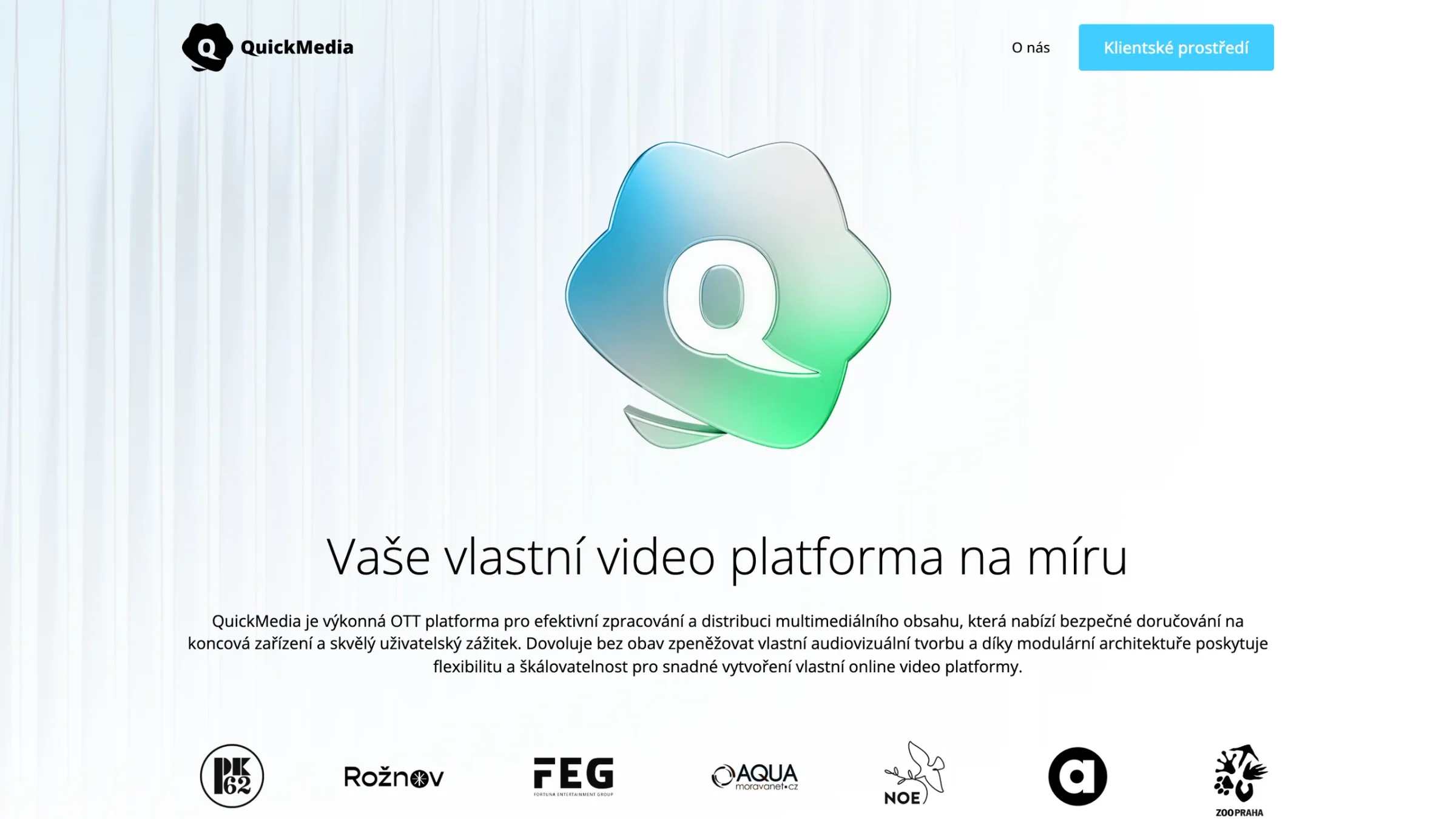 The QuickMedia homepage: the logo, the slogan Your own custom video platform, a platform description and client logos