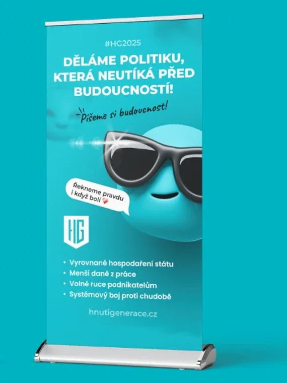 Návrh roll-upu se smajlíkem v brýlích v grafickém manuálu