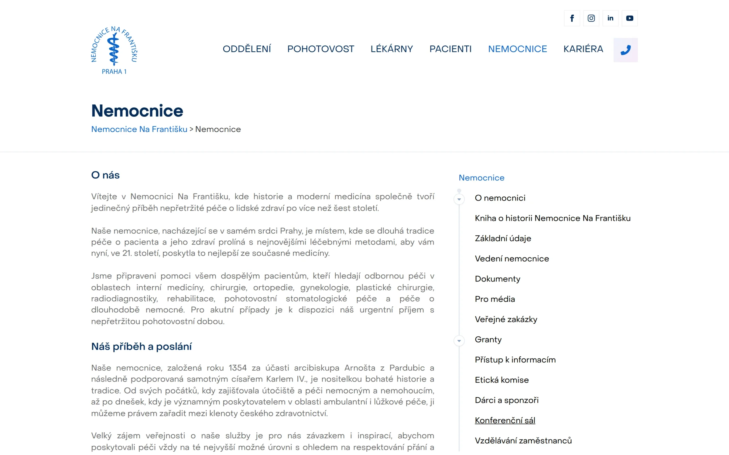 Stránka Nemocnice s historií a představením instituce