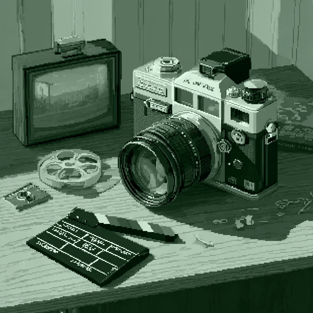 Pixelová ilustrace kategorie: fotoaparát, filmová klapka a televize