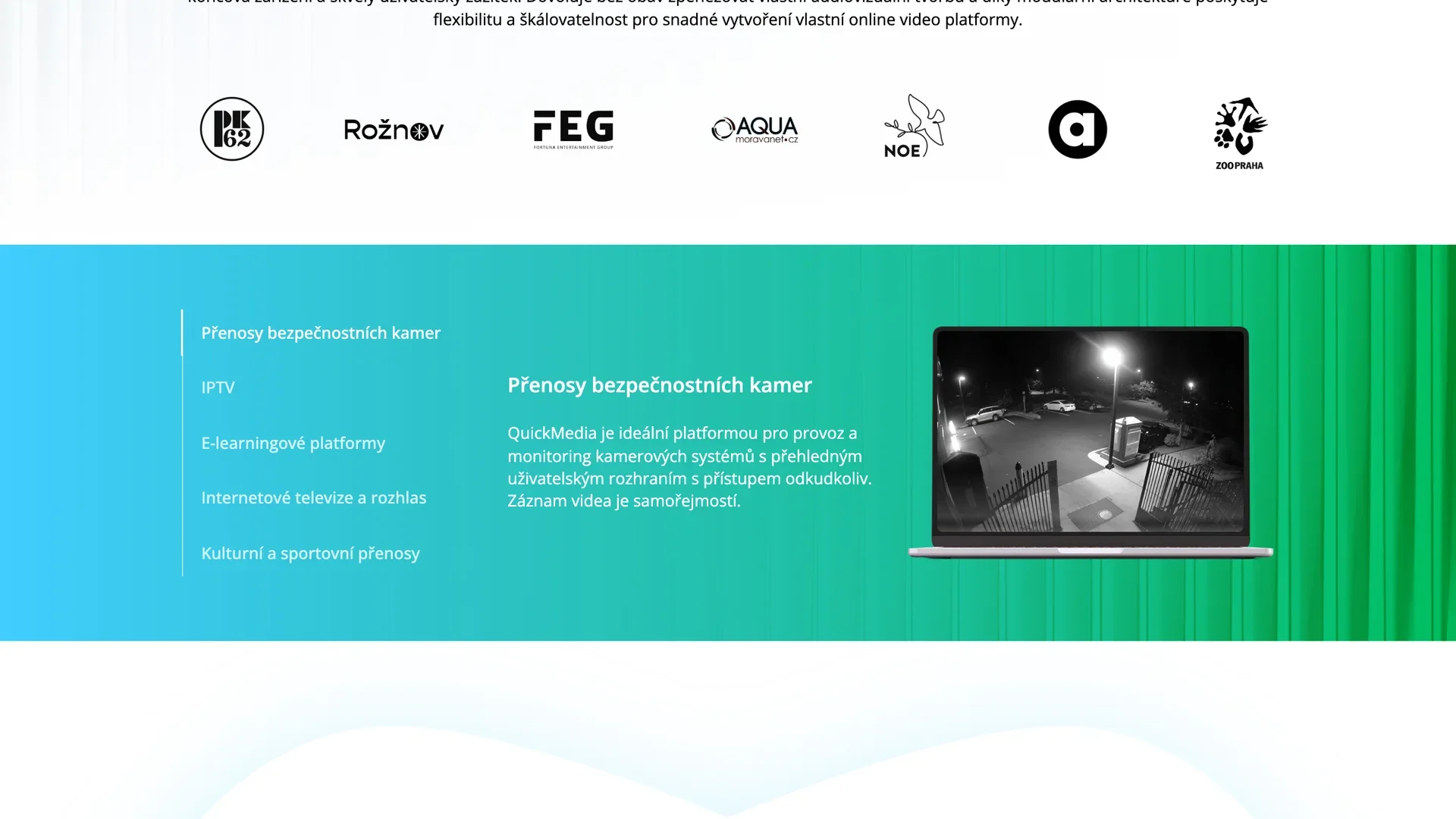 QuickMedia website: client logos and the use-case section, with security camera streaming on the left