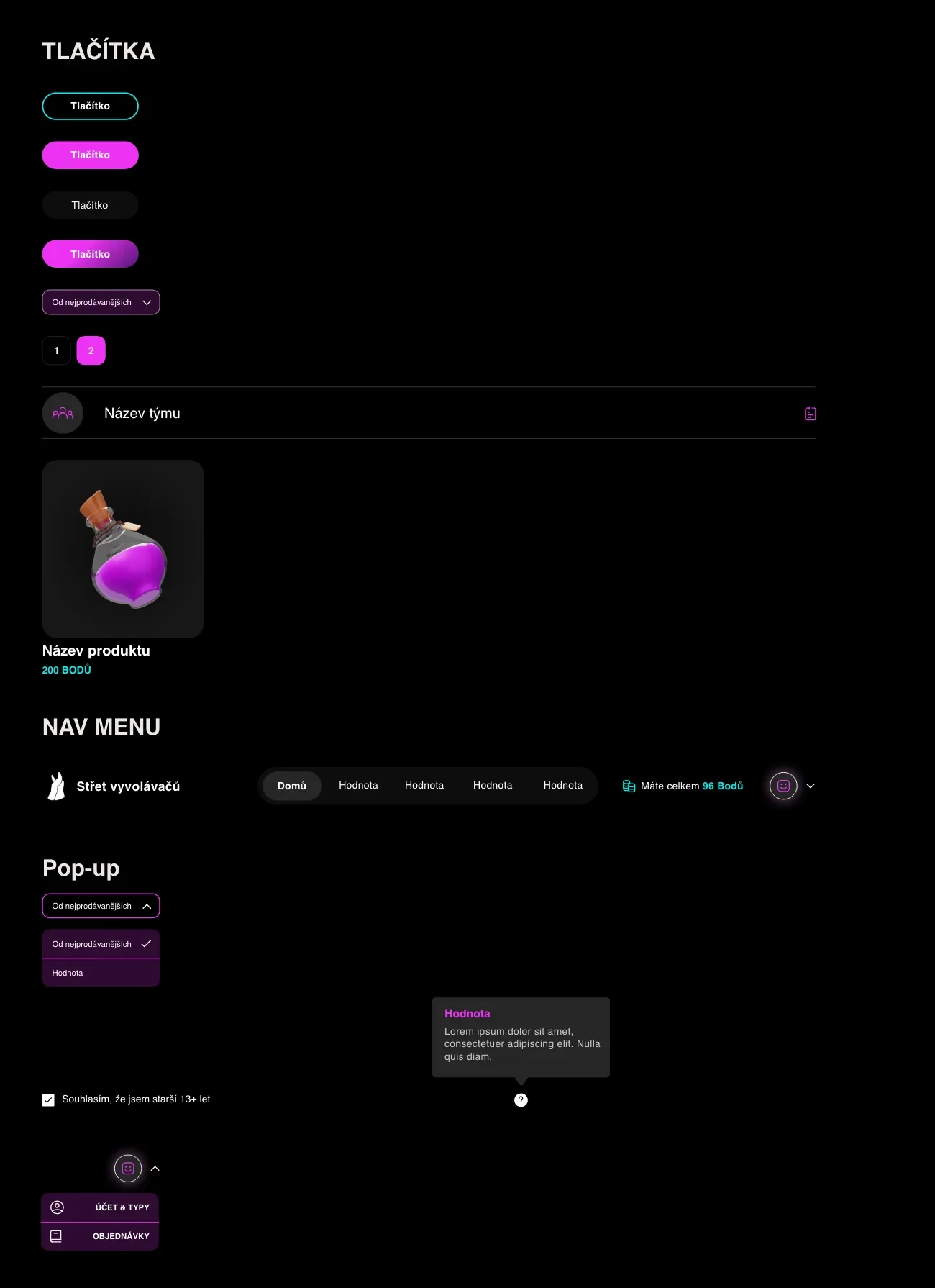 Styleguide z návrhu webu v Adobe XD: tlačítka, výběr řazení, stránkování, řádek týmu, karta produktu za 200 bodů, navigace se stavem Máte celkem 96 bodů, rozbalovací nabídka, nápověda a menu účtu